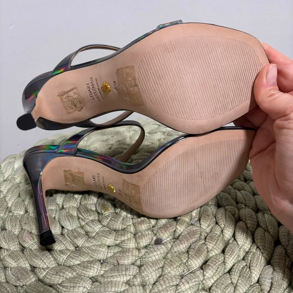 NEW Stuart Weitzman Aleena 100 Silver Hologram Square Toe Slip On Sandal Heels